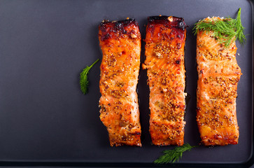 Mustard and honey glazed baked salmons fillet