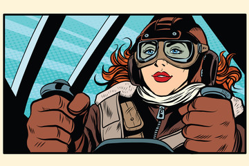 Girl retro pilot on the plane - obrazy, fototapety, plakaty
