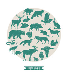 Hand drawn forest animals. Animals silhouettes vintage. Vector