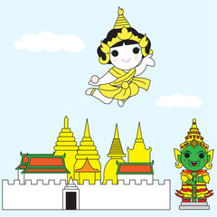 Thai Goddess Of Lightning Flying Over Temple of Emerald Buddha illustration