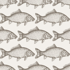 Hand drawn carp fish seamless background. Vector illustration se