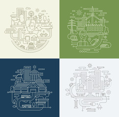 Line Design Compositions Set - City Lifestyle, Factory, Travel