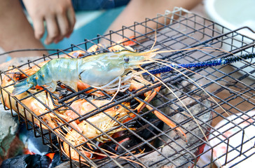 Fresh river shrimp grilled, Fresh river prawn grilled in steel g