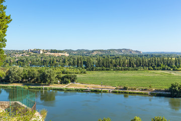 Avignon, France. The island on the Rhone River. In the background St. Andre Fort