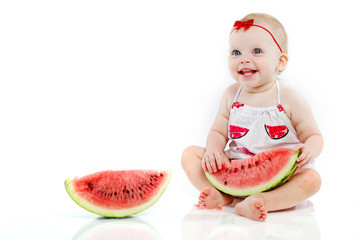 Little baby are eating watermelon