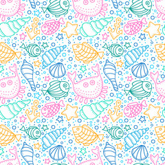 Vector seamless pattern with fish, star, shell, crab, anchor and bubble. Hand drawn doodle sea elements. Bright color objects on white background.