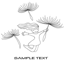 vector illustration of a hand-drawn girl who is flying on a dandelion on a white background with space for text