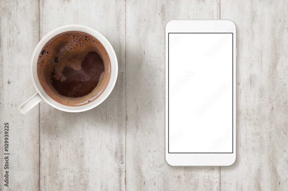 Poster smart phone with isolated white display for mockup. top view scene with coffee.