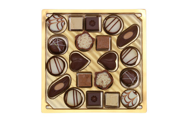 Box of assorted white, milk and dark chocolates, pralines and truffles isolated on white
