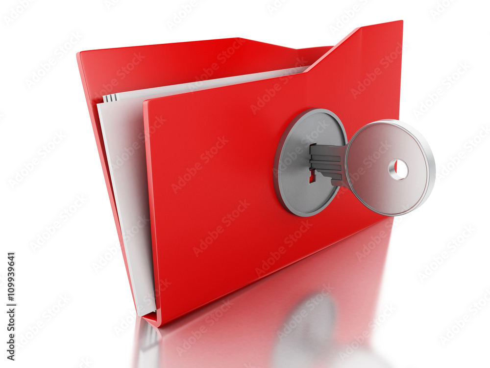 Poster 3d folder locked with key. security concept.