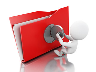 3d White people with folder locked and key.