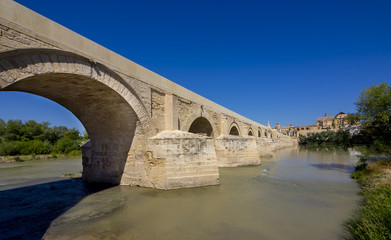 Römische Brücke, Puente Romano über den Rio Guadalquivir hinten Mezquita, Moschee-Kathedrale, Cordoba, Andalusien, Spanien, Europa
