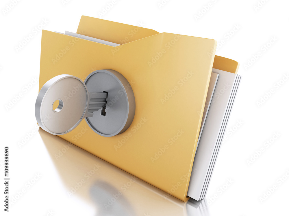 Poster 3d folder locked with key. security concept.