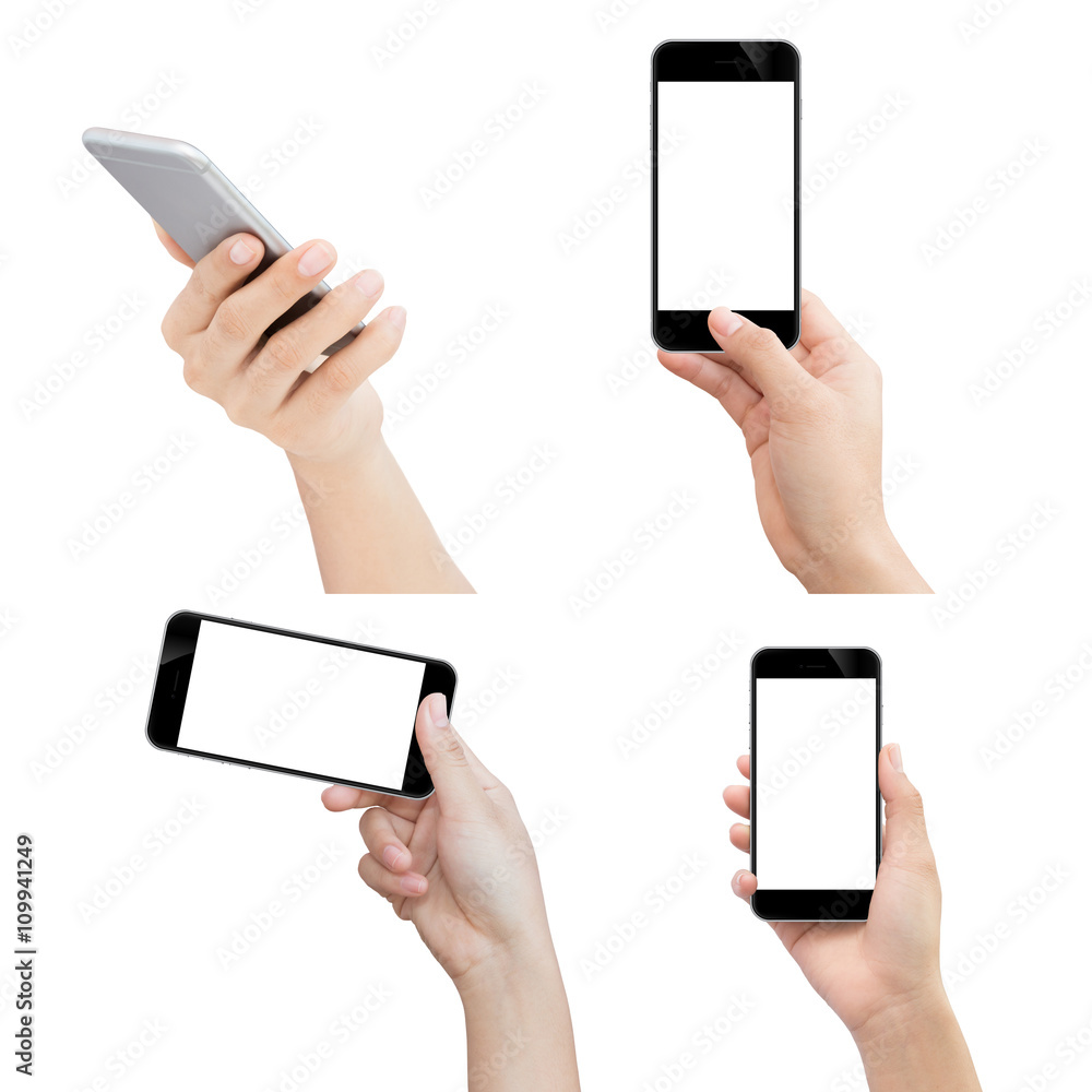 Aufkleber hand holding phone isolated with clipping path on white backgrou