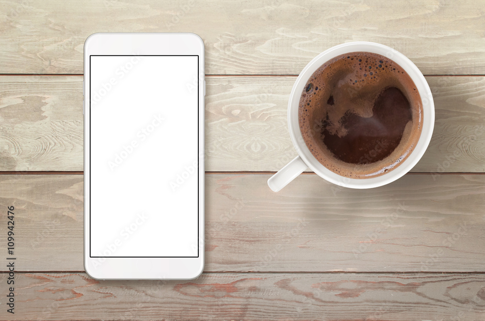 Poster smart phone with isolated white display for mockup. top view scene with coffee.