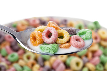 colorful cereal on spoon.