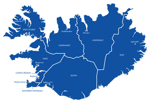 Iceland Map with Cities and Regions