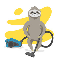 Vector illustration of happy cute sloth that makes cleaning 