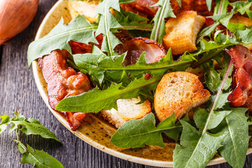 Fresh dandelion salad with fried bacon and garlic croutons.