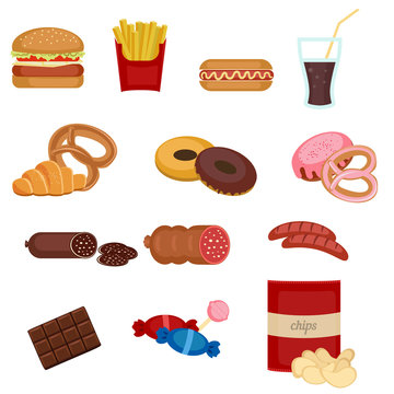 Set of colorful cartoon fast food icons.