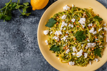 Homemade Zucchini  Zoodles Pasta with Pine nuts and Feta.