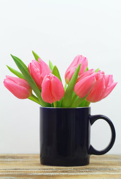 Fototapeta Pink tulips in navy blue mug with copy space  
