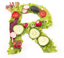 Letter R made of salad