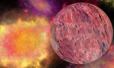 Explosion in space. The died star. Bright explosion. Eclipse. Star patch of light. Space matter. Planet. Mars. Lena. Rocky texture . Force of creation and destruction