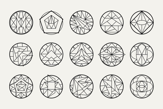 Set of hipster vector geometric shapes. Circular abstract. Shapes made using line, triangles, circles, and other polygons. You can use it for design icons, logos masks and overlaying on photos.