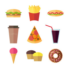 Fast food colorful flat design icons set