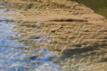 Clear water showing the bottom and reflecting sky