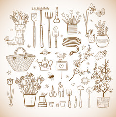 Collection of spring doodle sketch elements on white background: flowers, gardener's tool, bugs, spring trees, bird's nests with eggs.