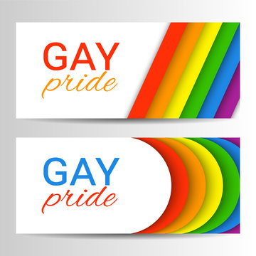 Set of modern colorful horizontal banners for Pride Month. Vector illustration in LGBT colors. Gay culture symbol, rainbow text. Gay Pride. Can be used in a web design. 