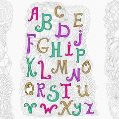  Vector hand drawn alphabet isolated on white background and cute doodle bacground.