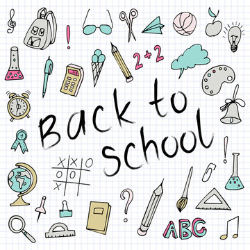 Hand drawn back to school doodles. Paper Background. Vector illustration. Hand drawing school items on a sheet of exercise book.