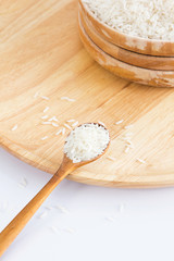 Fototapeta na wymiar Raw and uncooked rice in wooden spoon,shallow Depth of Field,Focus on rice. 