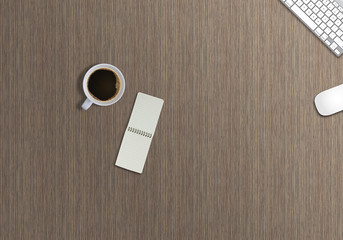Office business top view mock up image with notepad, coffee, mouse and keyboard