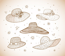 Set of five doodle sketch summer hats in vintage style