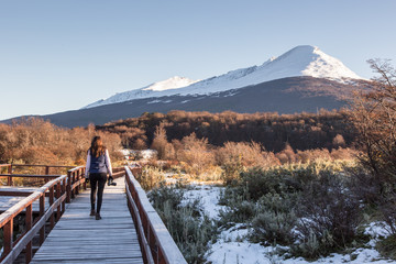 Woman walking in a balcony with a beautiful landscape in the background. Ushuaia, Argentina - obrazy, fototapety, plakaty