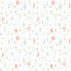 Fototapeta premium Cute seamless pattern with hand drawn moons and stars. Editable vector illustration. White background.