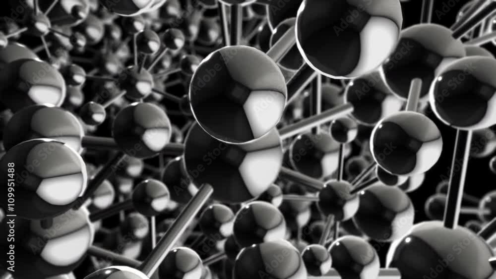 Poster seamless looping 3d animation of an abstract background with metallic chrome atoms