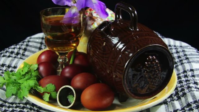 Easter Rotate on a Plate with Eggs and Barrels of Georgian Wine