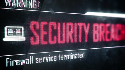 Security breach, firewall service terminated screen text, system notification
