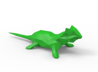 horned lizard character. cartoon low poly 3D illustration of animal. green triangles and polygons. on white background isolated with shadow.