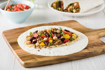Vegan wraps with lentil, chickpea peppers and kidney bean