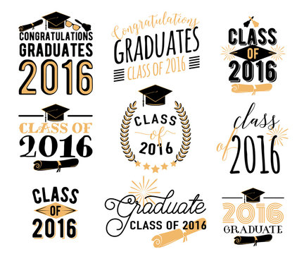 Graduation wishes overlays, lettering labels design set. Retro graduate class of 2016 badges. Hand drawn emblem with sunburst, hat, diploma, bell. Isolated. Graduates logos for web, print.