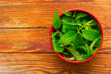 fresh green nettle leaves in a red bowl on brown wooden background. with space for posting information. rustic style