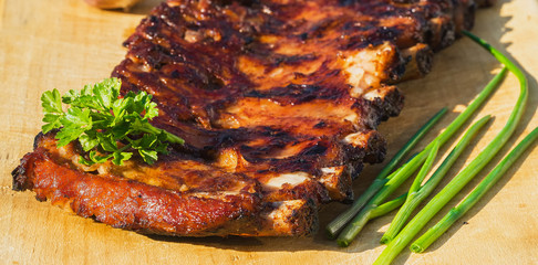 Barbecued  Ribs. Macro, banner, close up. Selective focus