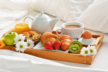 Breakfast tray in bed in hotel room