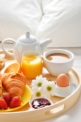 Breakfast tray in bed in hotel room